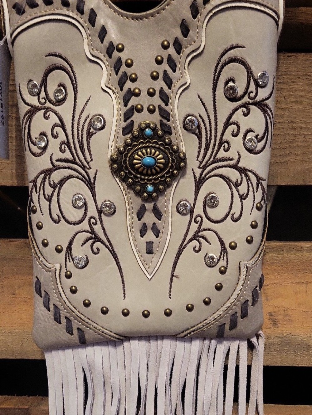 Embellished Taupe Fringe Crossbody Bag with Turquoise Concho NWT - Picture 4 of 15